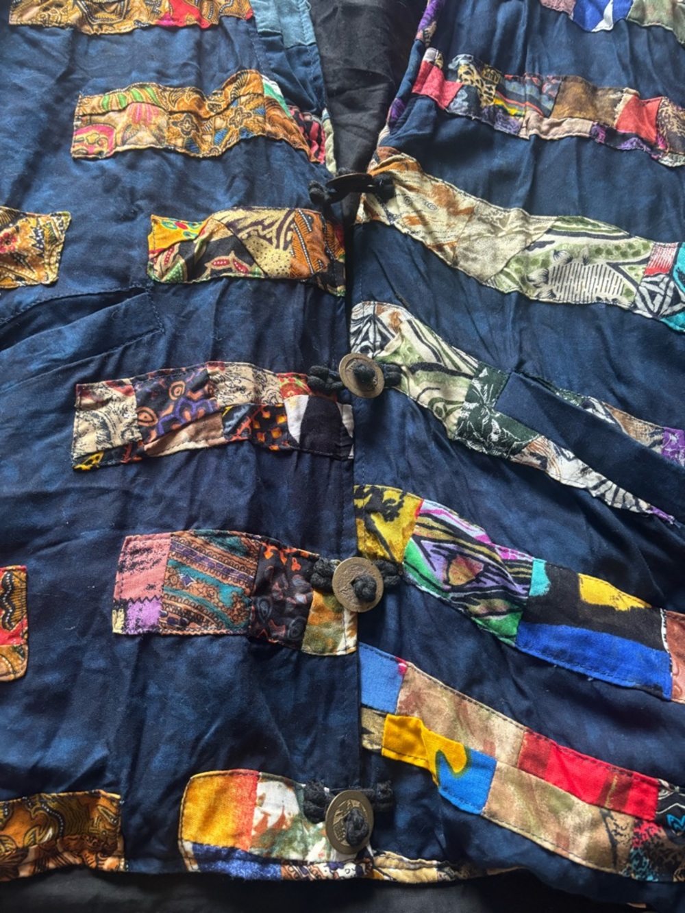 Vintage Bohemian Oversized Black Patchwork Open-Front Jacket Coin Buttons - Picture 4 of 11